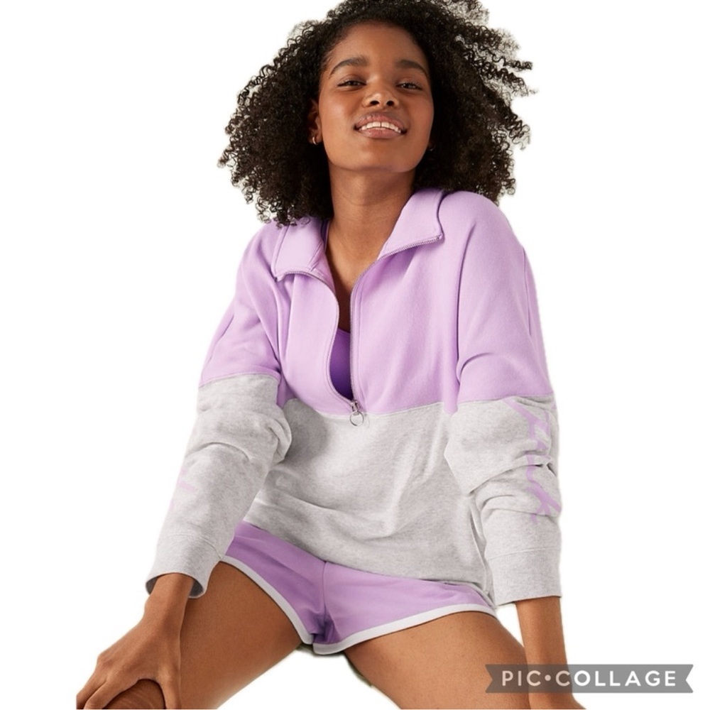 Victoria’s Secret PINK Varsity Fleece Half Zip Oversized Sweatshirt Purple/Gray